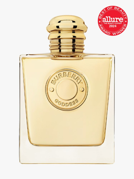 Burberry Goddess Eau de Parfum branded gold bottle component with gold cap on a light gray background with red Allure Best of Beauty seal in the top right corner